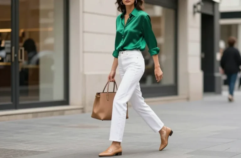 Steal These 10 White Jeans and Green Top Outfit Ideas