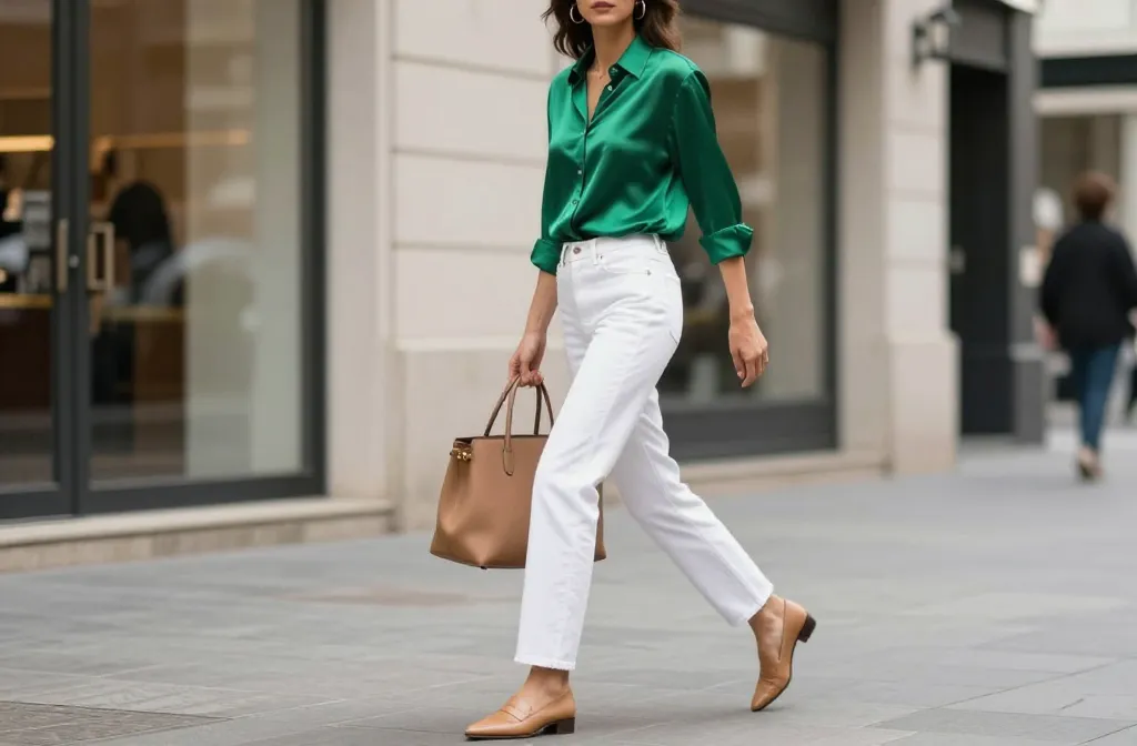 Steal These 10 White Jeans and Green Top Outfit Ideas
